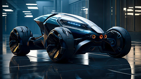 Neon Drive: A Futuristic Electric Car Adventure in Blue Light Photo Realism created with Generative AI technologyの素材