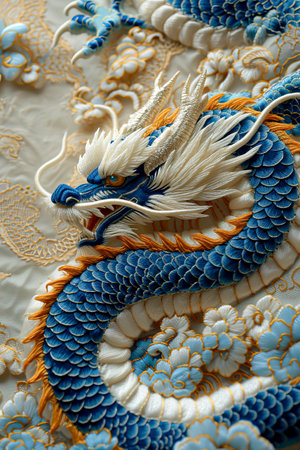 Blue and White Dragon Embroidery Design with Realistic Hyper-Detail in Light Beige and Gold created with Generative AI technologyの素材