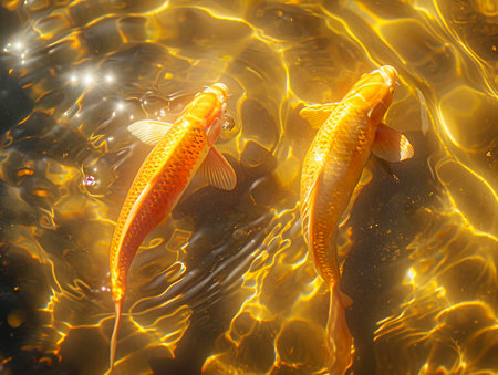 Golden Serenity: A Surreal Encounter with Koi Carp on Shimmering Waters created with Generative AI technologyの素材