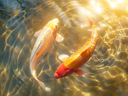 Golden Water Serenity: Two Koi Carp in Surreal Reality created with Generative AI technologyの素材