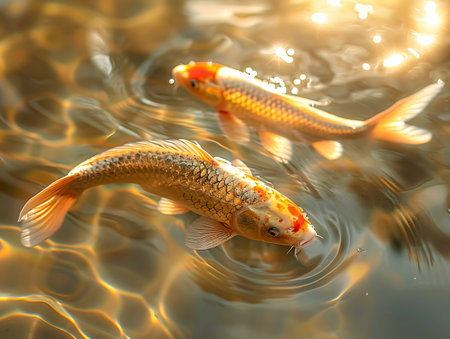 Golden Serenity: A Surreal Encounter with Koi Carp on Shimmering Waters created with Generative AI technologyの素材