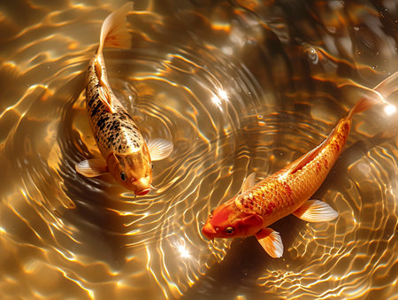 Golden Serenity: A Surreal Reflection of Two Koi Carp in Shimmering Waters created with Generative AI technologyの素材