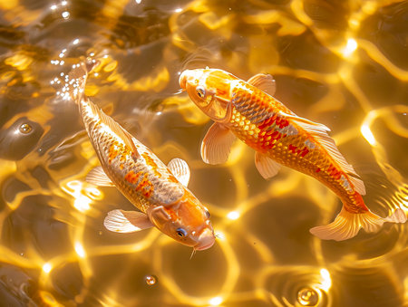 Golden Serenity: A Surreal Encounter with Koi Carp on Shimmering Waters created with Generative AI technologyの素材