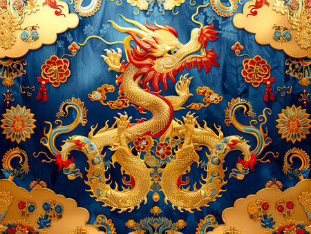 Exquisite Fusion: Gold and Blue Chinese Loong Embroidery on Light Golden Silk Fabric created with Generative AI technologyの素材