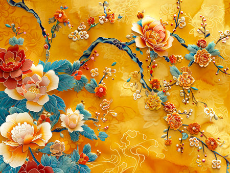 Golden Loong: A Fusion of Traditional Chinese Embroidery with Gold and Blue, Yellow and Red, on Light Golden Silk Fabric, Featuring Rich Hierarchy, Extreme Details, and Simple Visual Effects, created with Generative AI technologyの素材