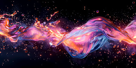 Iridescent Liquid Splash: A Mesmerizing Display of Color on a Black Canvas created with Generative AI technologyの素材