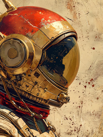 Close-Up Portrait of a Spaceman's Mars Helmet: A Stunning View of Space Exploration Technology, created with Generative AI technologyの素材