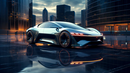 Blue Light Drive: A Futuristic Electric Car Journey Through Photo Realism created with Generative AI technologyの素材