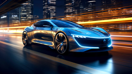 Neon Drive: A Futuristic Electric Car Journey Through Blue Light Realism created with Generative AI technologyの素材