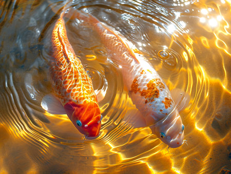 Golden Serenity: A Surreal Encounter with Koi Carp in Shimmering Waters created with Generative AI technologyの素材