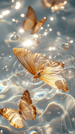 Golden Butterflies Dance on Sparkling White Water: A Surreal Dreamland created with Generative AI technologyの素材