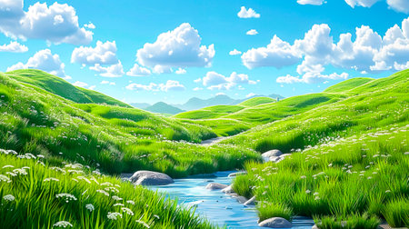 Vast Rolling Hills: A Serene Landscape of Green Grass and White Clouds, Captured in High Detail and Traditional Animation Style, Enhanced with Sky Blue Hues, created with Generative AI technologyの素材