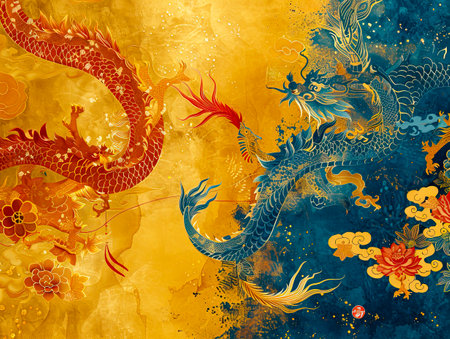 Exquisite Fusion: Gold and Blue Chinese Embroidery with Long Patterns on Light Golden Silk Fabric, Rich Hierarchy and Extreme Details for Simple Visual Effects created with Generative AI technologyの素材