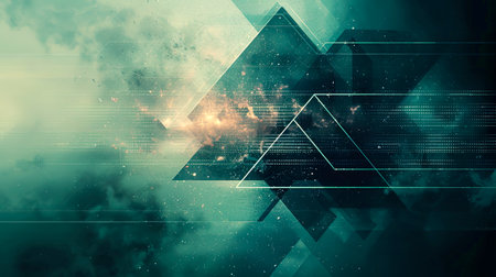 The Futuristic Triangle: A Minimalistic Representation of Technology and Future in Dark Colors with Navy Blue and Mint Green Accents, created with Generative AI technologyの素材