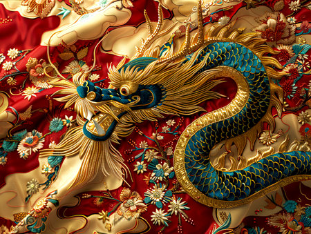 Luxurious Chinese Embroidery: A Fusion of Gold and Blue with Long Patterns on Light Golden Silk Fabric, Enhanced by Rich Hierarchy and Extreme Details, featuring Simple Visual Effects, created with Generative AI technologyの素材