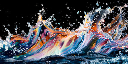 Iridescent Liquid Splash: A Mesmerizing Display Against a Black Canvas created with Generative AI technologyの素材