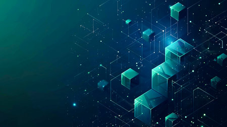 The Future Blueprint: A Minimalistic Vision of Technology through Geometric Shapes in Dark Colors, Navy Blue, and Mint Green created with Generative AI technologyの素材