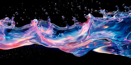 Iridescent Liquid Splashes: A Mesmerizing Display on a Black Canvas created with Generative AI technologyの素材