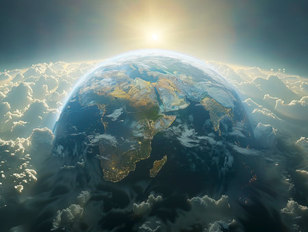 Realistic 3D Earth View with Desaturated Colors and Hyper Realistic Clouds and Land created with Generative AI technologyの素材