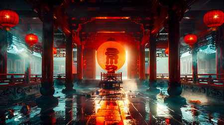 The Dragon Doll Illuminated in a Crimson Lantern: A Detailed Architectural Painting in Oriental Minimalism and 8K Resolution, created with Generative AI technologyの素材