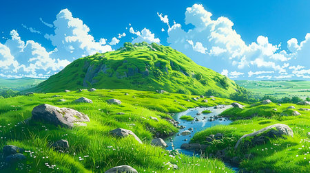 Rolling Hills and Cloudy Skies: A Traditional Animated Landscape created with Generative AI technologyの素材