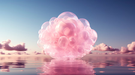 Serene Skies: A Dreamy Light Blue Cloud with Pink Lights in Vray Tracing Style created with Generative AI technologyの素材