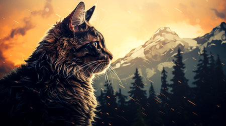 Majestic Cat in Enchanted Forest Mountains Silhouette, created with Generative AI technologyの素材