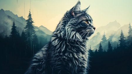 Mystical Cat in Enchanted Forest: A Double Exposure Adventure created with Generative AI technologyの素材