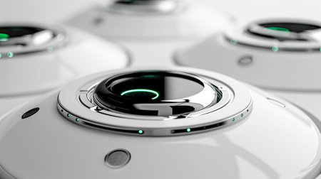 Sleek High-Tech Medtech AI Slide Background with Laser-Connected Circular Lenses and Polished White Metal, created with Generative AI technologyの素材