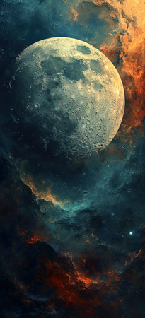 Cosmic Dichotomy: The Moon's Silent Dance with Fiery Nebula created with Generative AI technologyの素材