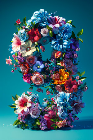 Floral Cosmos: A 3D Visualization of Number 9 in a Minimalist Futuristic Style on Blue-Green Background with Volumetric Light and Photorealism, created with Generative AI technologyの素材