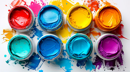 Vibrant Paint Splatters on a Clean White Canvas created with Generative AI technologyの素材