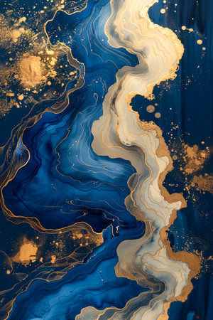Golden Flow: A Velvet Sky - An Intricate Illustration on Blue Paper created with Generative AI technologyの素材