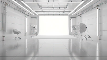 Elegant White Photography Studio Background Set for Professional Shoots created with Generative AI technologyの素材