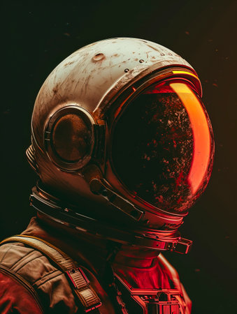 Close-up portrait of spaceman's Mars helmet with visor reflection, astronaut suit detail. Futuristic space exploration concept. created with Generative AI technology.の素材
