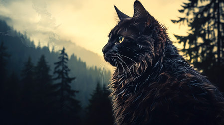 Feline in Dual Exposure of Woodland Peaks - AI-generated Wilderness Blend crafted with Generative AI technologyの素材
