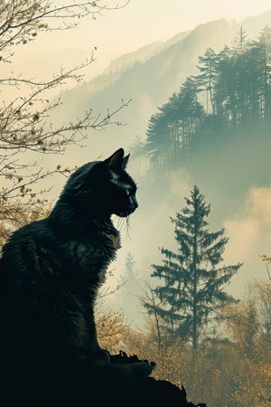 Silhouette of a feline in dual exposure of woodland peaks, shadow - crafted with AI-generated artistry.の素材