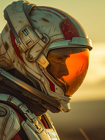 Astronaut Mars Helmet Close-up Shot in Space, Cosmic Spaceman Portrait, Futuristic Space Exploration Concept, created with Generative AI technologyの素材