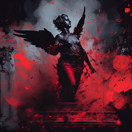 Flight of Love: A Renaissance-inspired risograph print of Cupid soaring with a spear, vaporwave aesthetics, site-specific art, created with Generative AI technologyの素材