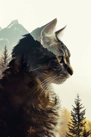 Mystical Feline in Dual Forest Peaks, Shadowy Landscape - AI Artwork created with Generative AI technologyの素材