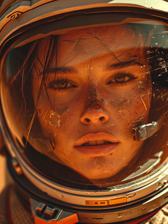 Astronaut Mars Helmet Close-Up Portrait with Space Man Helmet, Astral Suit, and Cosmic Exploration Gear, created with Generative AI technologyの素材