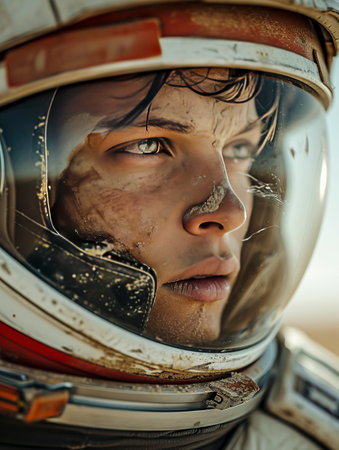 Close-up Portrait of an Astronaut's Helmet on Mars, Spaceman Space Suit Exploration Image, Generated with AI Technology.の素材