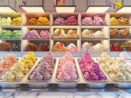 Variety of Ice Cream Flavors Exhibition with Assorted Selections presented with Generative AI technology created with Generative AI technologyの素材