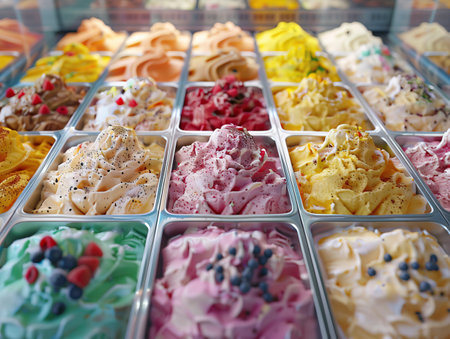 Variety of Ice Cream Flavors Showcase, Assorted Gelato Selection, Frozen Treats Exhibit - created with Generative AI technologyの素材