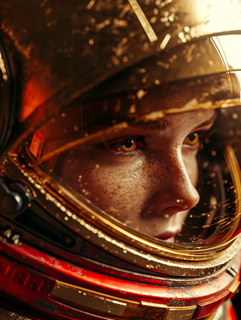 Close-up portrait of an astronaut's helmet on Mars, spaceman in space suit, futuristic space explorer, AI generated image created with Generative AI technologyの素材