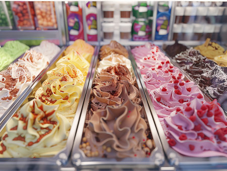 Variety of Ice Cream Flavors Showcase with Assorted Selections, Delicious Treats Exhibition crafted with Generative AI technologyの素材