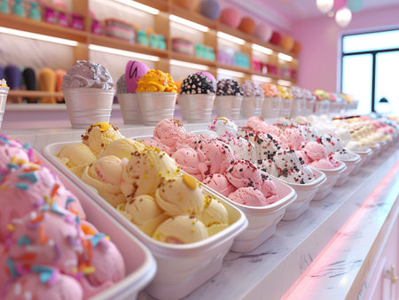 Variety of Ice Cream Flavors Showcase with Assorted Selections, Featuring Diverse Options for Every Taste Preference, created with Generative AI technologyの素材