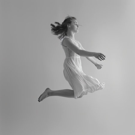 Graceful girl soaring in the sky, captured in monochrome beauty, created with Generative AI technologyの素材