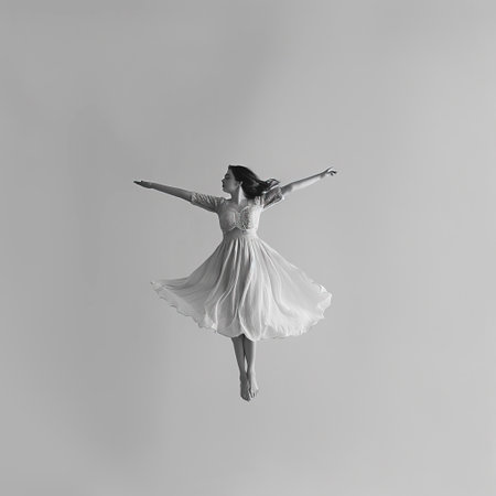 Graceful Flight: A Woman Soaring in a Light Dress against a White Backdrop, Captured in Black and White Photography created with Generative AI technologyの素材