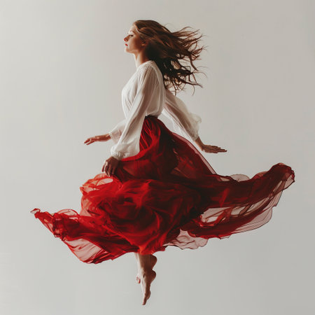 Graceful girl soaring in the sky with a flowing dress, against a serene white backdrop. A stunning black and white image created with Generative AI technology.の素材